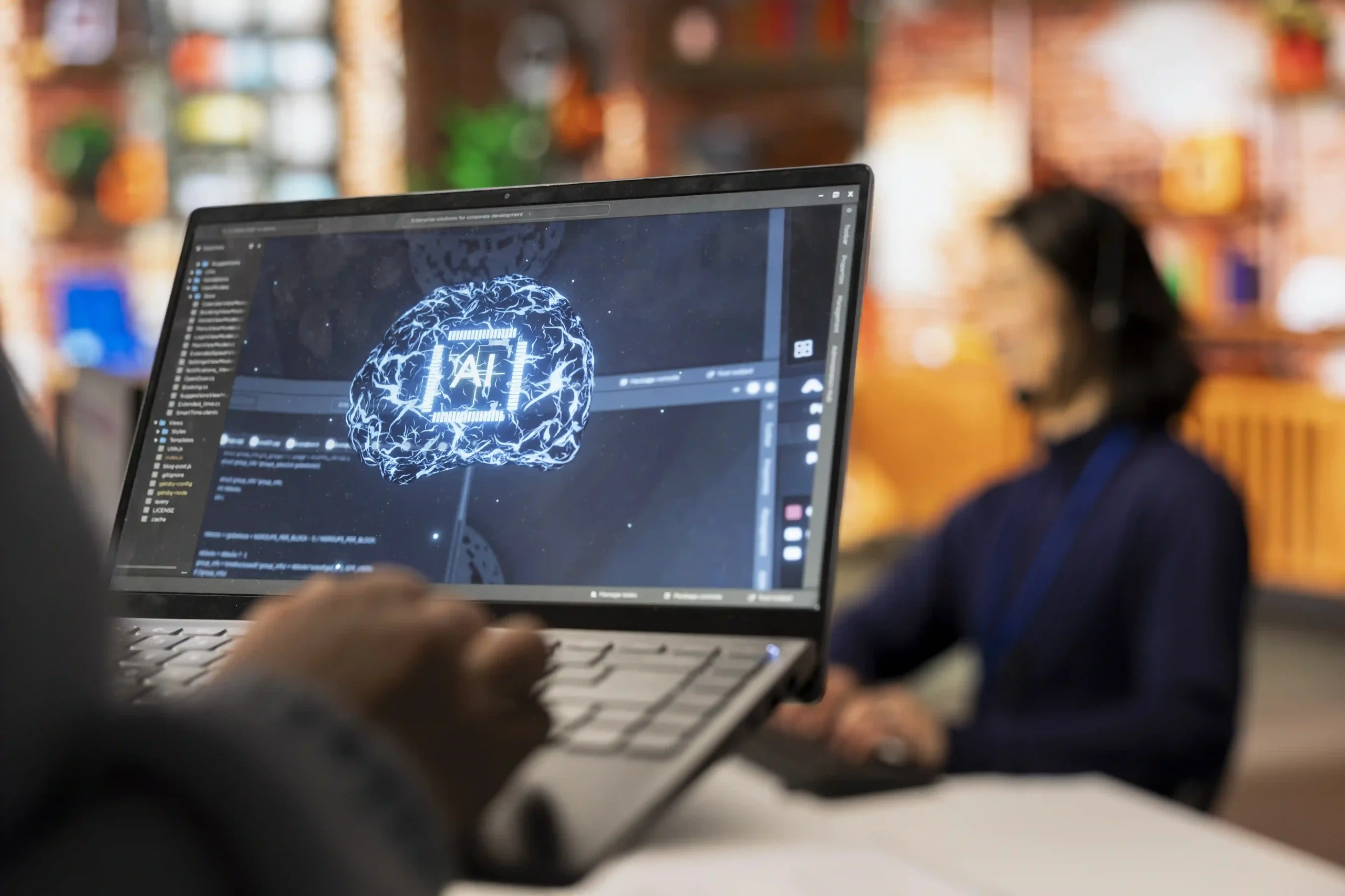call-center-worker-using-ai-tech-laptop-reply-customers-closeup